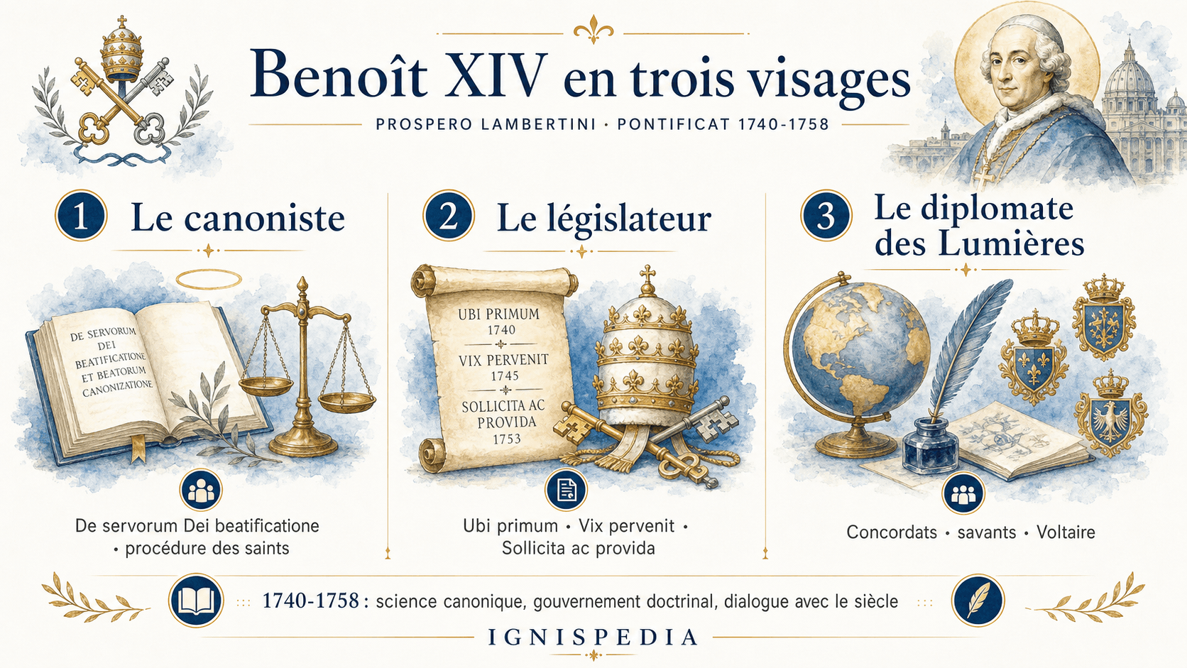 Infographie Ignispedia résumant le pape Benoît XIV en trois visages : le savant et canoniste, le législateur de l'Église, et le diplomate des Lumières.