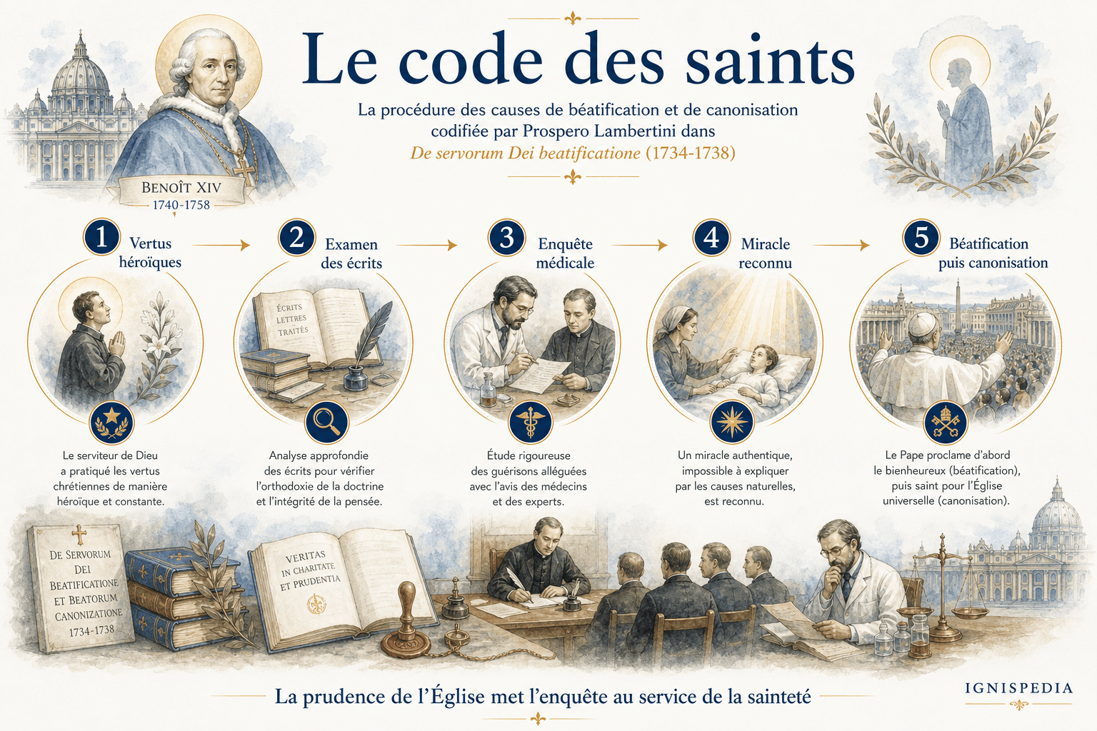 Infographie Ignispedia présentant les étapes de la procédure de béatification et de canonisation codifiée par Lambertini dans De servorum Dei beatificatione.