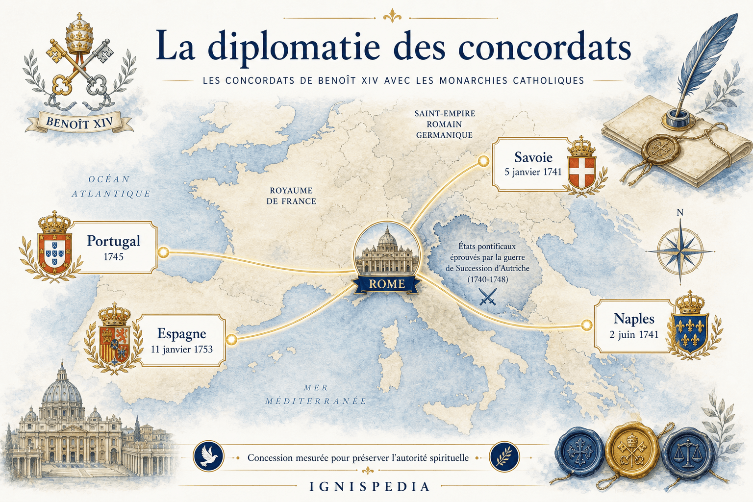 Carte infographique Ignispedia des concordats signés par Benoît XIV avec les monarchies catholiques : Savoie 1741, Naples 1741, Portugal 1740, Espagne 1753.