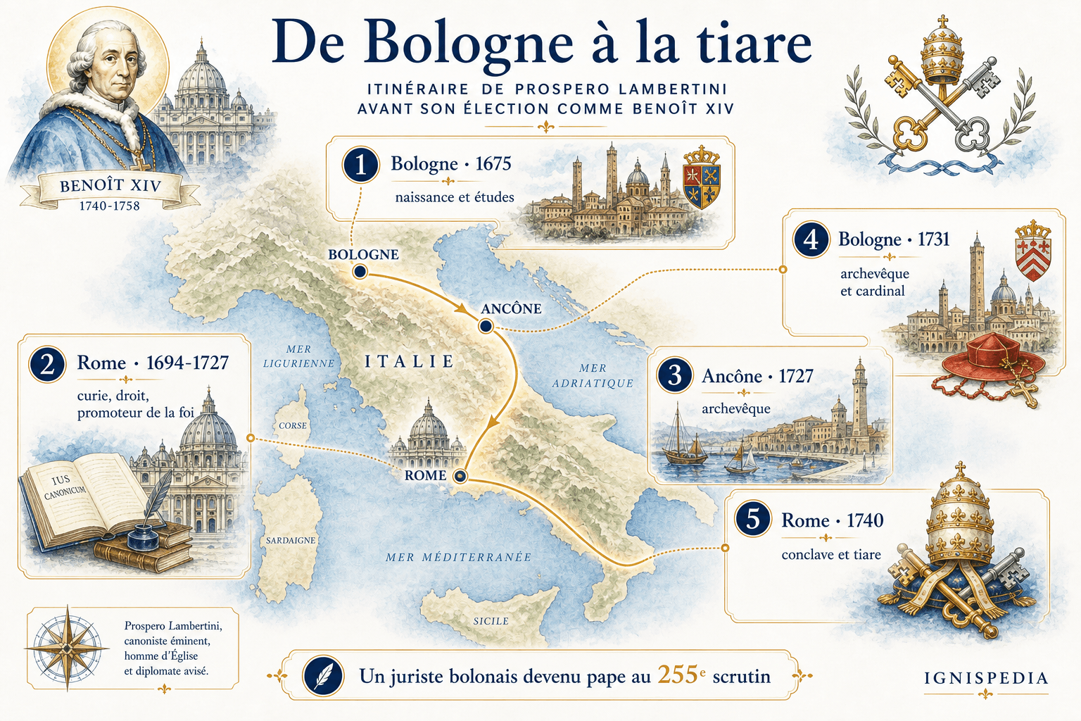 Carte infographique Ignispedia montrant l'itinéraire de Prospero Lambertini de Bologne à Rome, puis Ancône, Bologne et Rome jusqu'à son élection comme Benoît XIV.