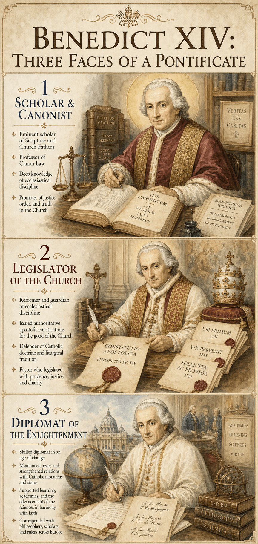 Ignispedia infographic summarizing Pope Benedict XIV in three faces: the scholar and canonist, the legislator of the Church, and the diplomat of the Enlightenment.