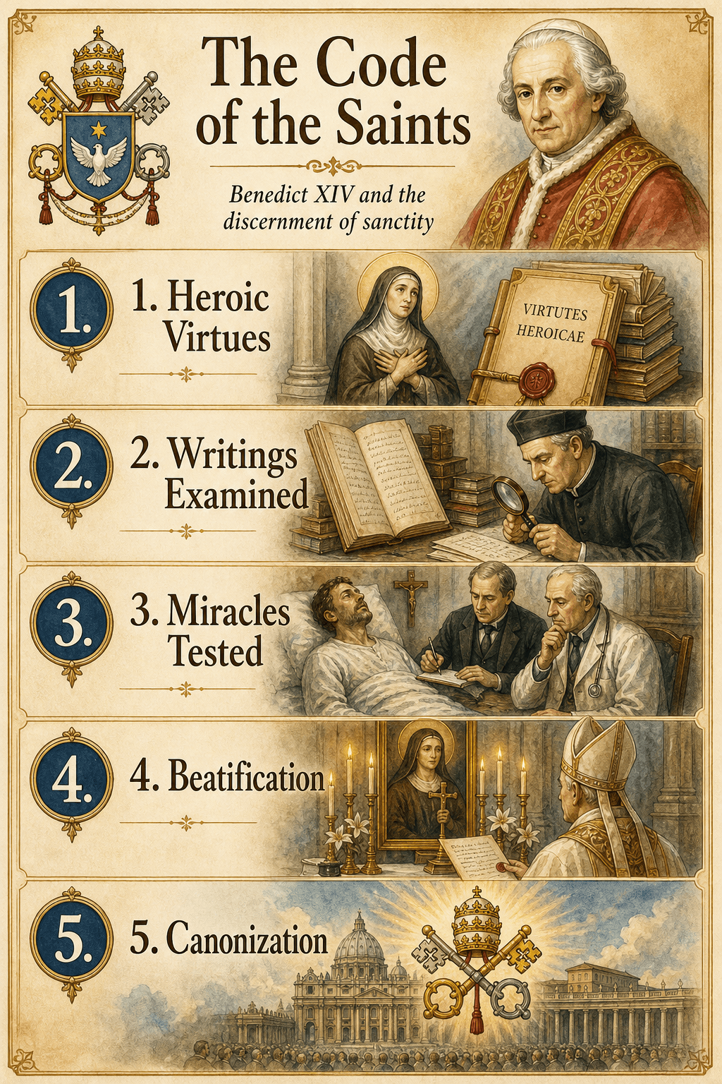 Ignispedia infographic presenting the stages of the beatification and canonization procedure codified by Lambertini in De servorum Dei beatificatione.