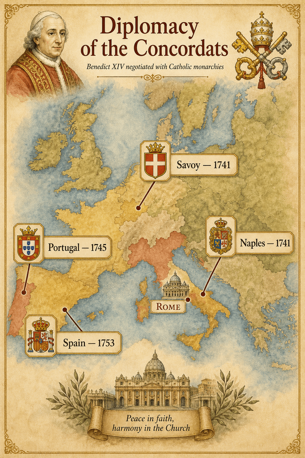 Ignispedia infographic map of concordats signed by Benedict XIV with Catholic monarchies: Savoy 1741, Naples 1741, Portugal 1745, Spain 1753.