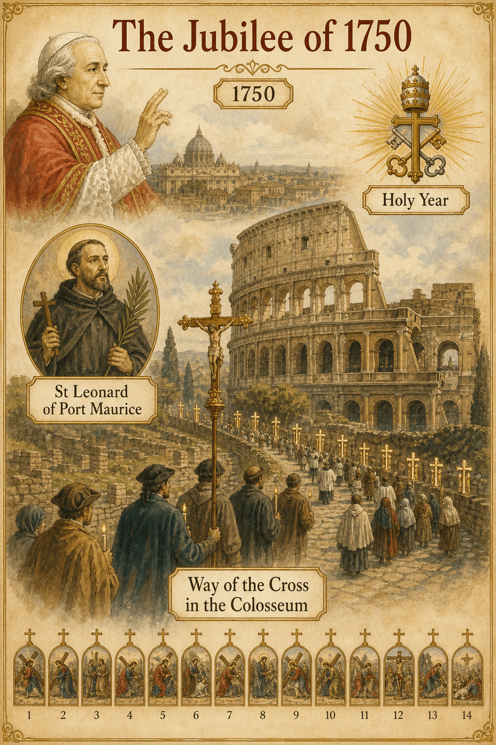 Ignispedia infographic on the Jubilee of 1750, the bull Peregrinantes, Saint Leonard of Port Maurice, and the Colosseum Way of the Cross.