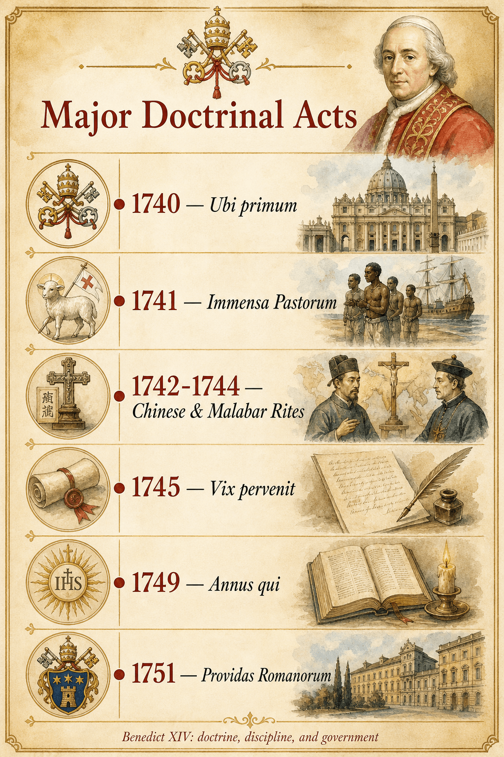 Ignispedia infographic listing the major doctrinal acts of Benedict XIV’s pontificate with their dates: Ubi primum, Vix pervenit, Annus qui, Chinese rites, Immensa Pastorum, Providas Romanorum.