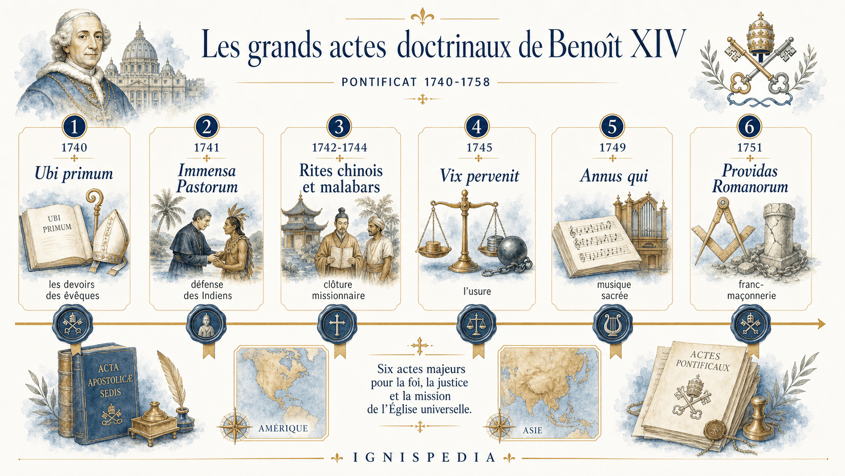 Infographie Ignispedia listant les grands actes doctrinaux du pontificat de Benoît XIV avec leurs dates : Ubi primum, Vix pervenit, Annus qui, rites chinois, Immensa Pastorum, Providas Romanorum.