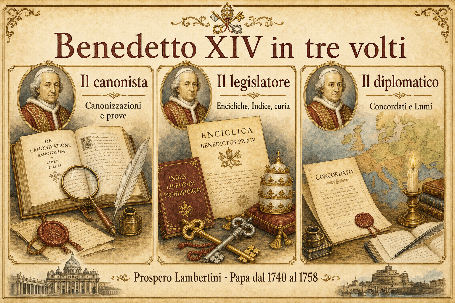 Infografica Ignispedia che riassume papa Benedetto XIV in tre volti: lo studioso e canonista, il legislatore della Chiesa e il diplomatico dei Lumi.