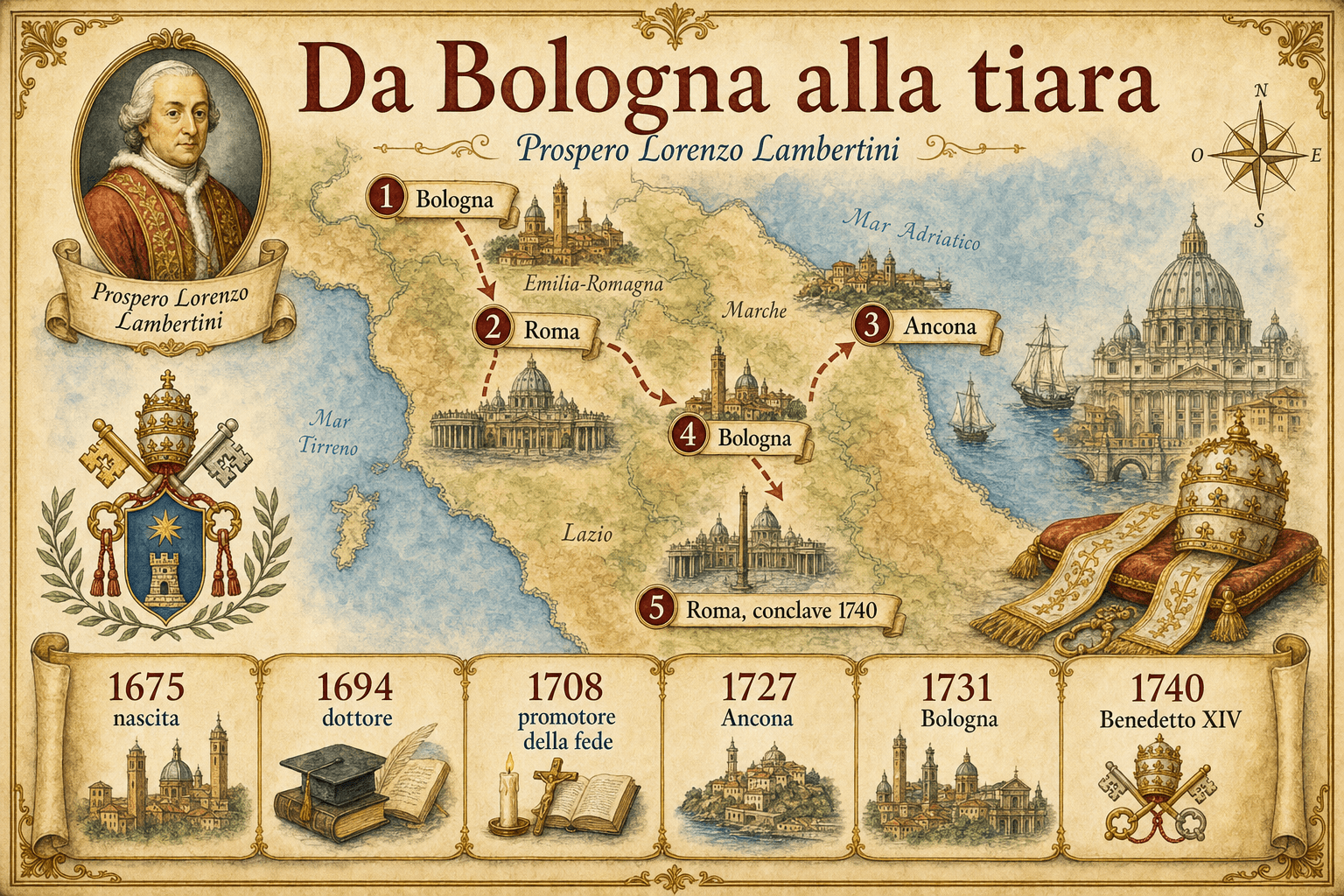 Carta infografica Ignispedia che mostra l’itinerario di Prospero Lambertini da Bologna a Roma, poi Ancona, Bologna e Roma fino alla sua elezione come Benedetto XIV.