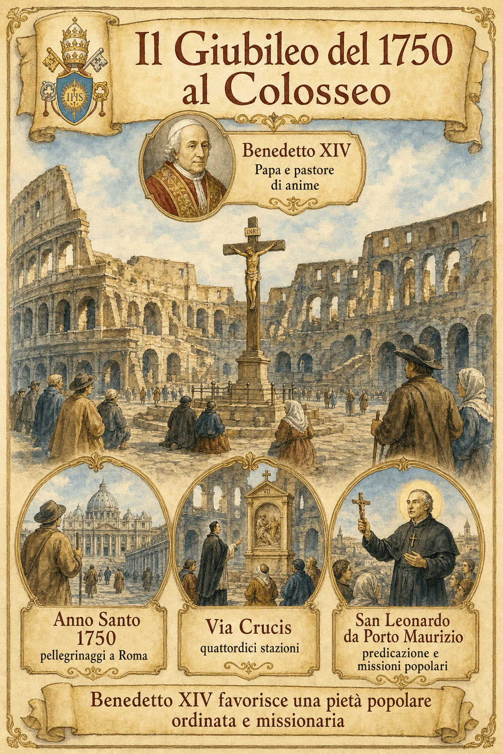 Infografica Ignispedia sul Giubileo del 1750, la bolla Peregrinantes, san Leonardo da Porto Maurizio e la via crucis del Colosseo.