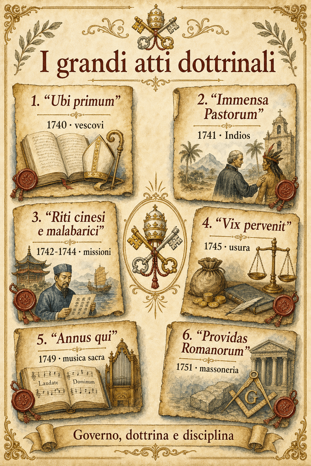Infografica Ignispedia che elenca i grandi atti dottrinali del pontificato di Benedetto XIV con le loro date: Ubi primum, Vix pervenit, Annus qui, riti cinesi, Immensa Pastorum, Providas Romanorum.