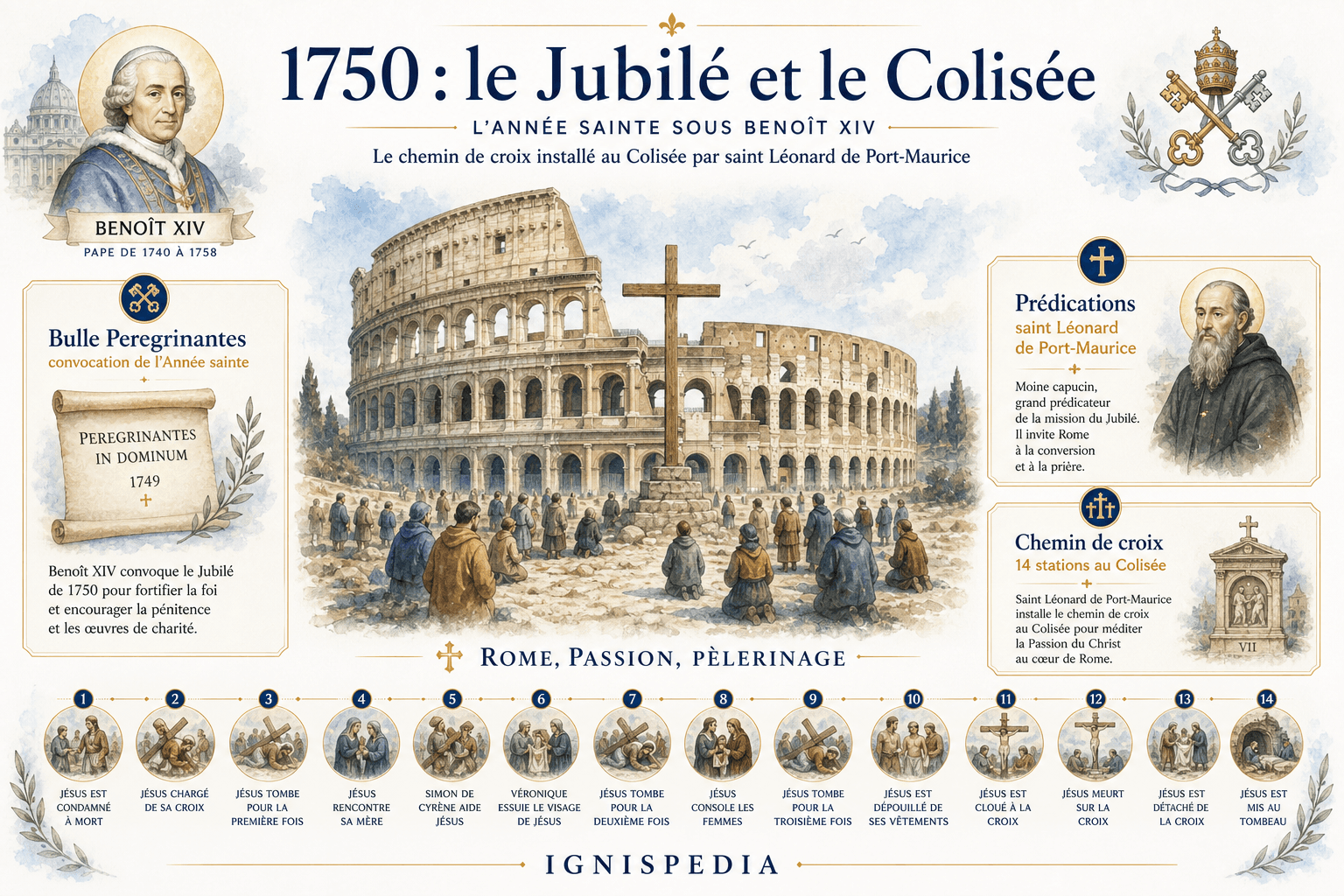 Infographie Ignispedia sur le Jubilé de 1750, la bulle Peregrinantes, saint Léonard de Port-Maurice et le chemin de croix du Colisée.