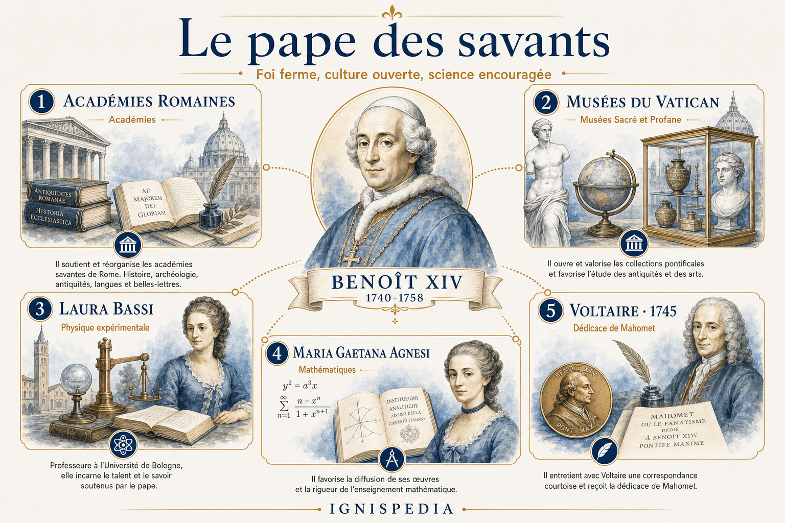 Infographie Ignispedia sur Benoît XIV mécène des savants : académies romaines, musées du Vatican, Laura Bassi, Maria Gaetana Agnesi et Voltaire.