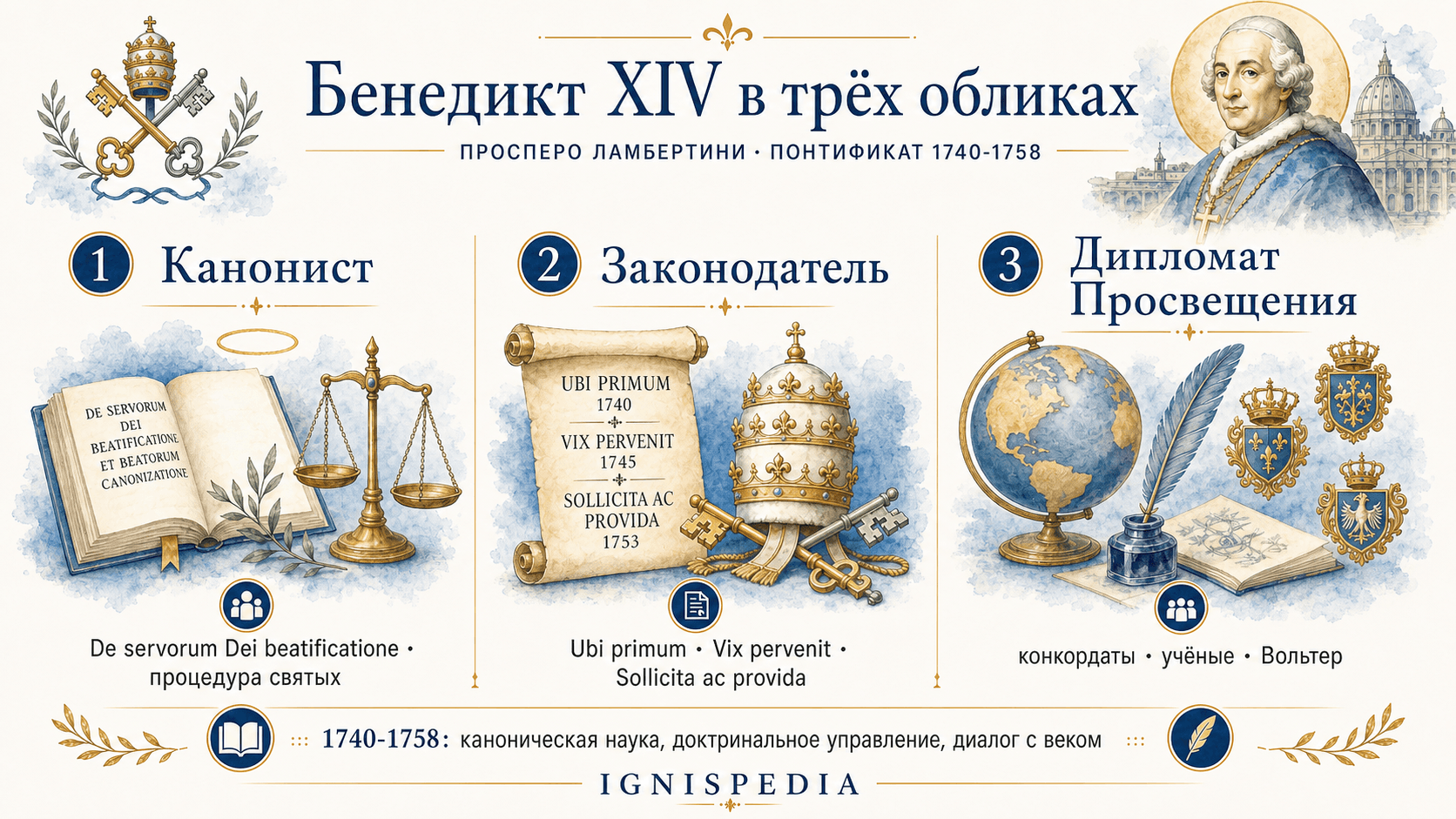 Инфографика Ignispedia, резюмирующая папу Бенедикта XIV в трёх образах: учёный и канонист, законодатель Церкви и дипломат эпохи Просвещения.