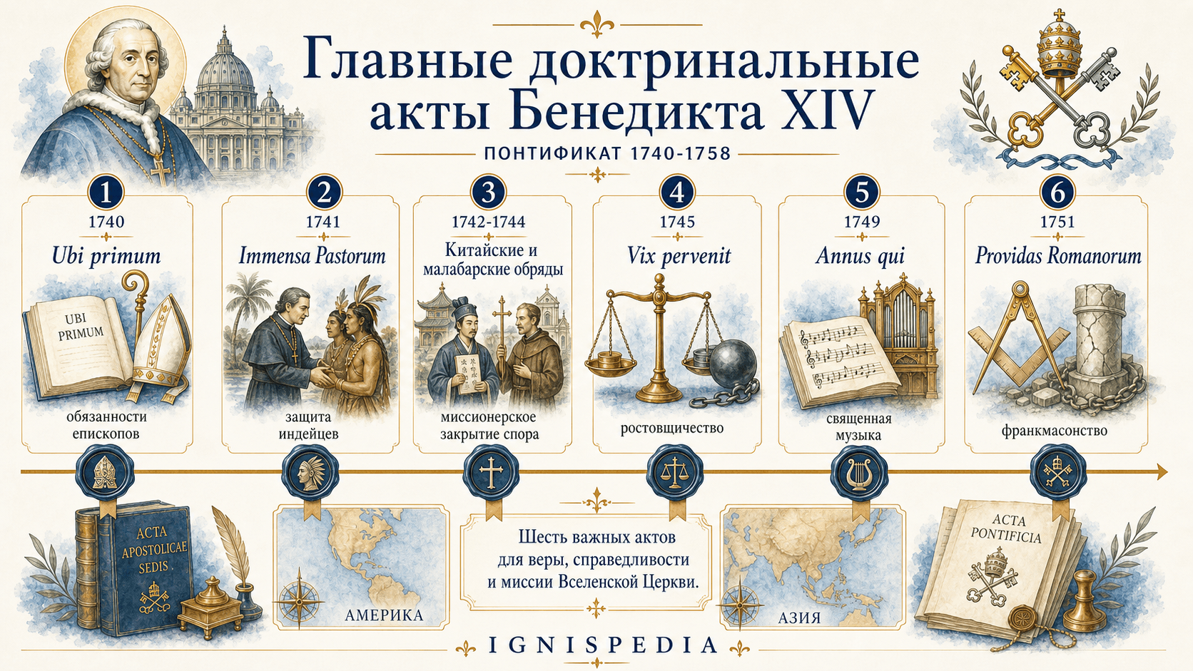 Инфографика Ignispedia с перечнем главных доктринальных актов понтификата Бенедикта XIV с датами: Ubi primum, Vix pervenit, Annus qui, китайские обряды, Immensa Pastorum, Providas Romanorum.