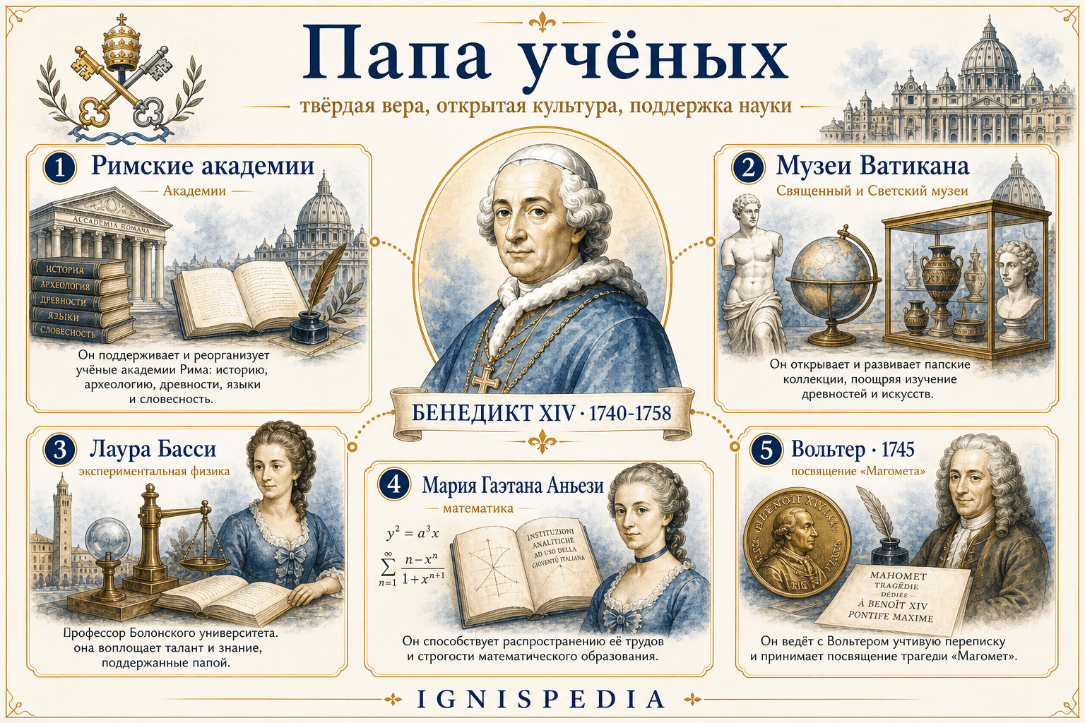 Инфографика Ignispedia о Бенедикте XIV как меценате учёных: римские академии, Ватиканские музеи, Лаура Басси, Мария Гаетана Агнези и Вольтер.