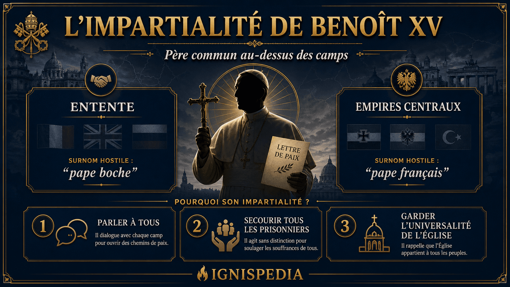 Infographie en français expliquant l'impartialité de Benoît XV pendant la Première Guerre mondiale