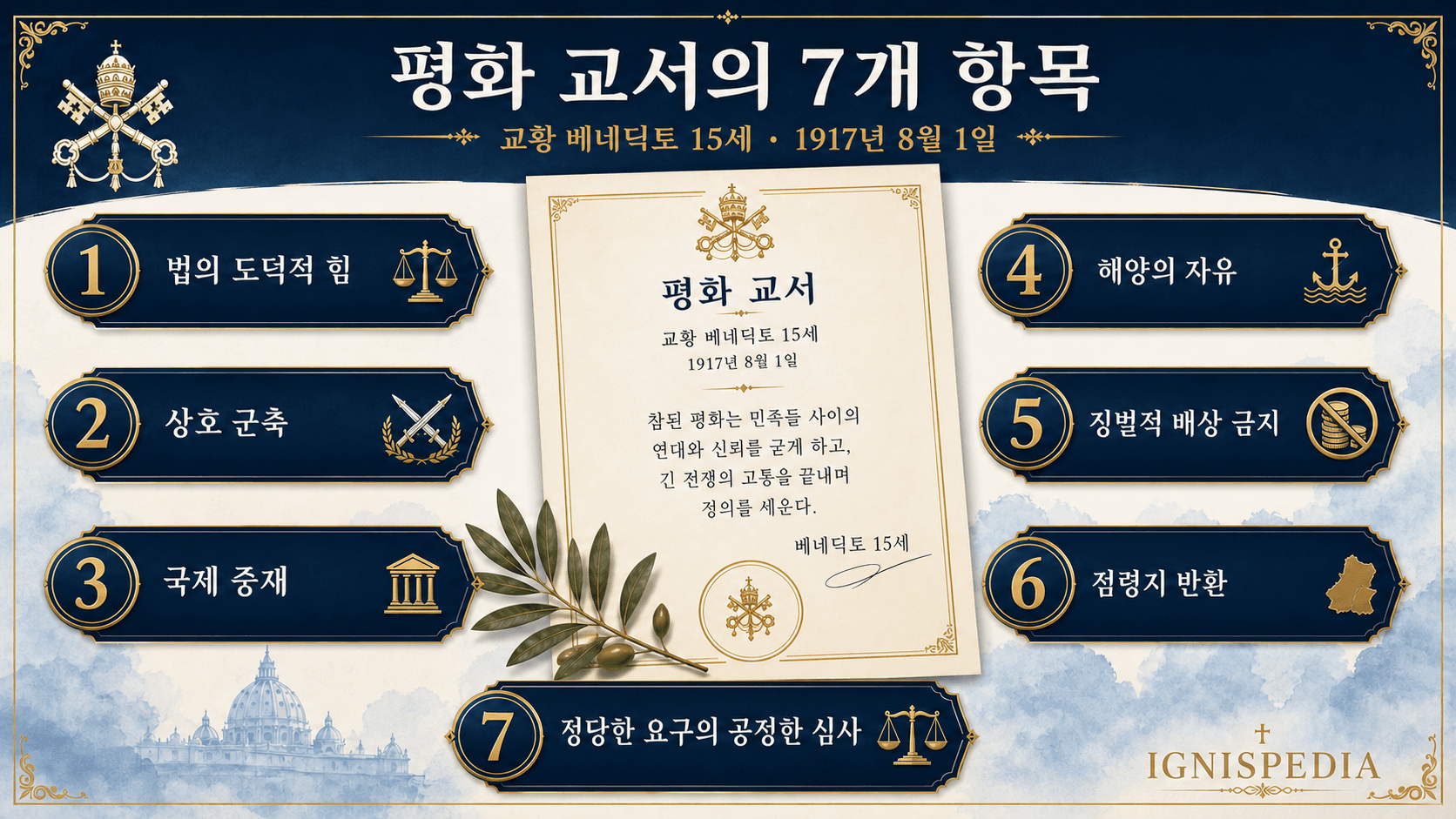 1917년 8월 1일 베네딕토 15세의 평화 노트 일곱 가지 제안을 소개하는 한국어 인포그래픽