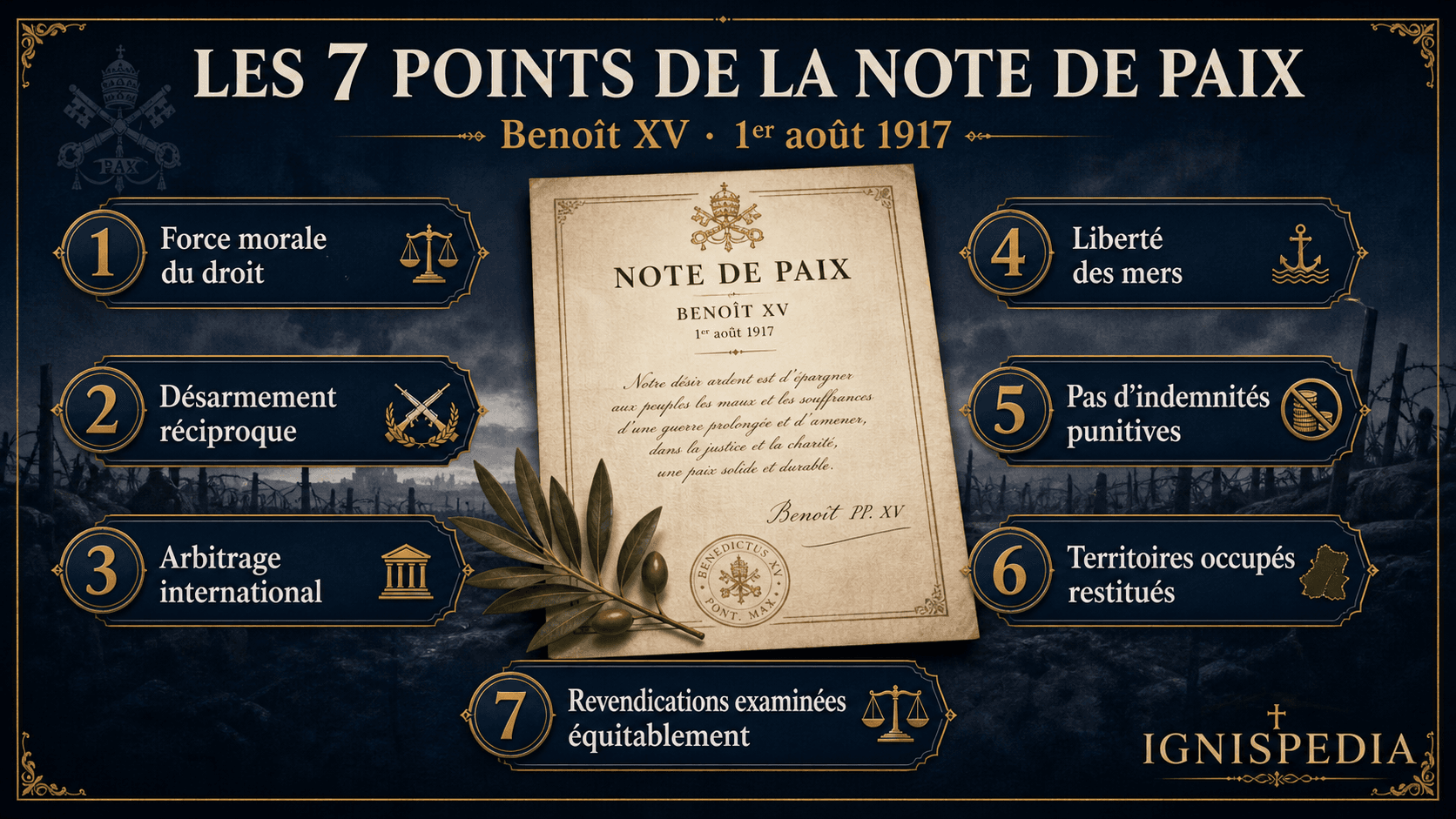 Infographie en français présentant les sept points de la Note de paix de Benoît XV du 1er août 1917