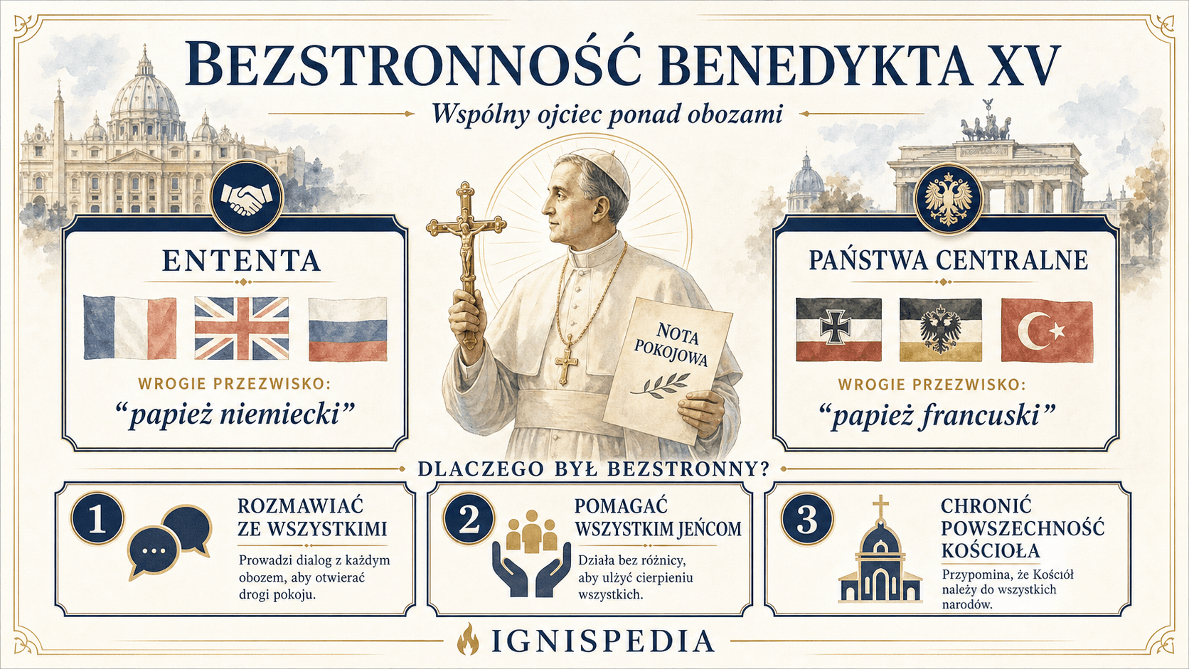 Infografika po polsku wyjaśniająca bezstronność Benedykta XV podczas I wojny światowej