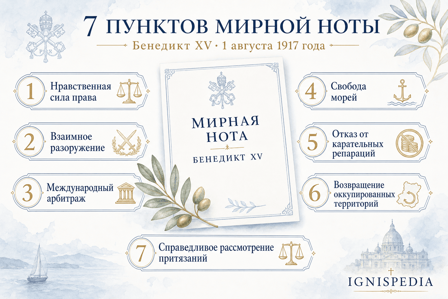 Инфографика на русском языке, представляющая семь пунктов Ноты мира Бенедикта XV от 1 августа 1917 года