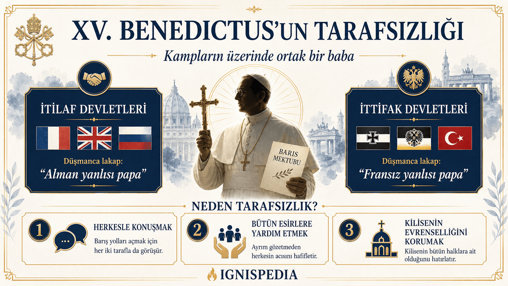 XV. Benedictus’un Birinci Dünya Savaşı’ndaki tarafsızlığını açıklayan Türkçe infografik