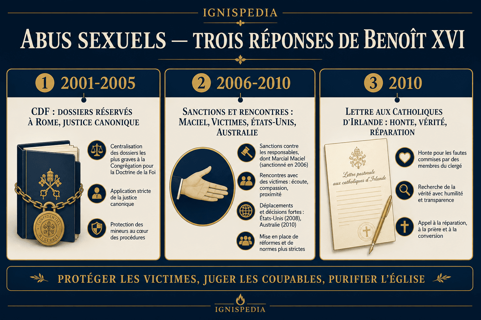 Infographie sur trois réponses de Benoît XVI à la crise des abus sexuels dans l'Église