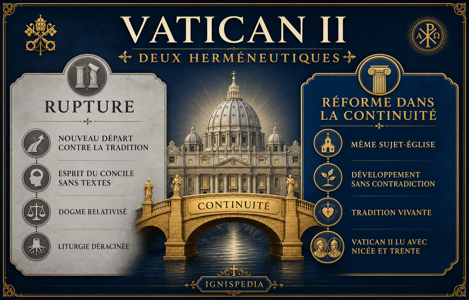 Schéma opposant l'herméneutique de la rupture et l'herméneutique de la continuité