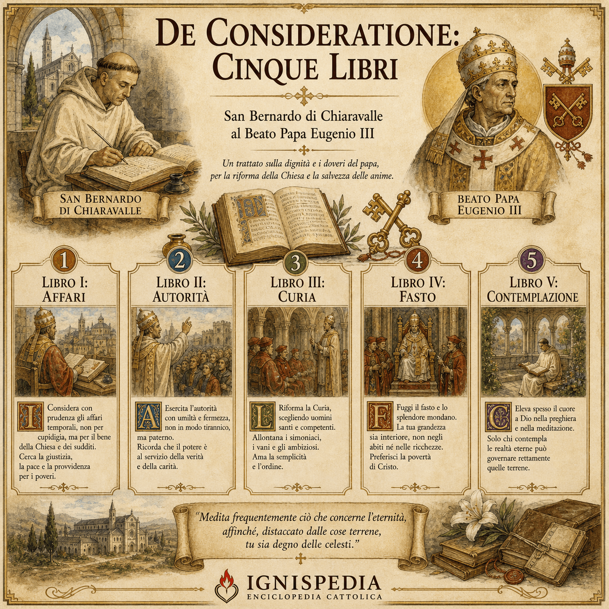 Infografica Ignispedia sui cinque libri del De consideratione di san Bernardo a Eugenio III: affari, autorità, Curia, sfarzo e contemplazione.