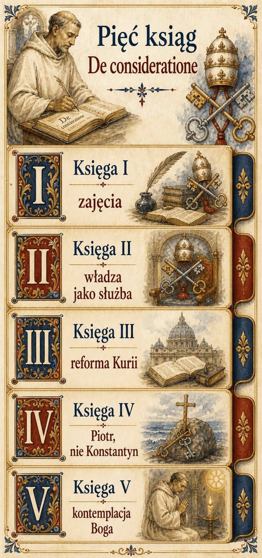 Infografika Ignispedia przedstawiająca pięć ksiąg De consideratione św. Bernarda skierowanych do Eugeniusza III, z ich tematem i głównym ostrzeżeniem.