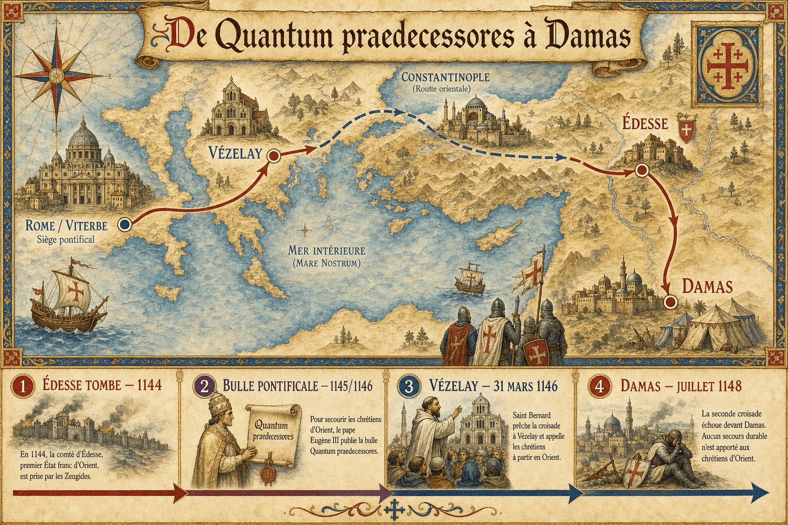 Carte-frise Ignispedia de la deuxième croisade sous Eugène III : Édesse 1144, Quantum praedecessores 1145-1146, Vézelay 1146 et Damas 1148.