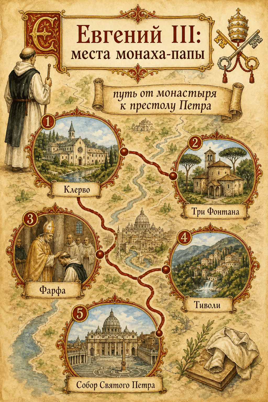 Инфографика Ignispedia о главных местах Евгения III: Клерво, Три Фонтана, Фарфа, Тиволи и собор Святого Петра в Риме.