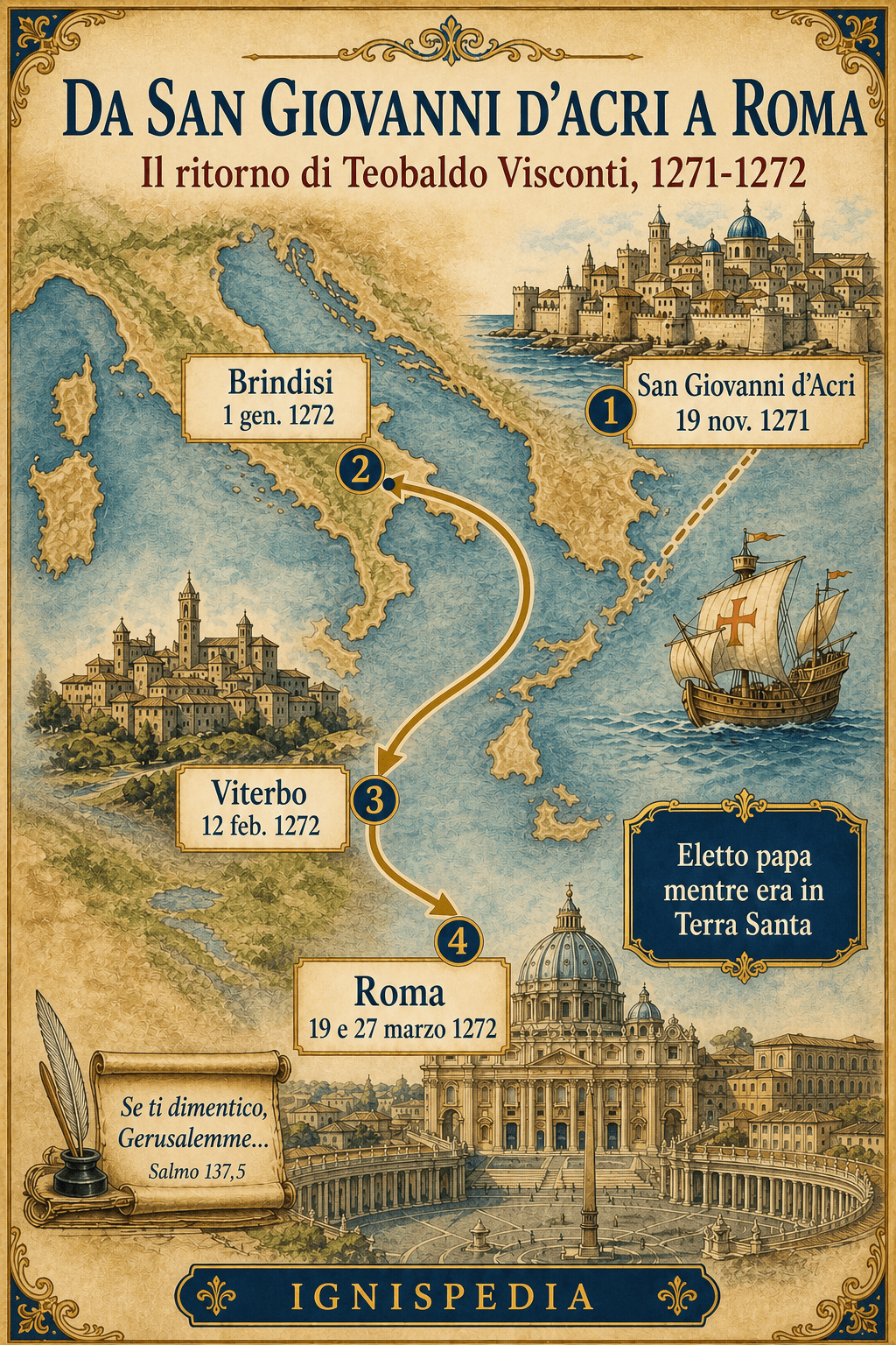 Carta dell’itinerario di ritorno di Gregorio X, da San Giovanni d’Acri a Brindisi, Viterbo e Roma nel 1271-1272