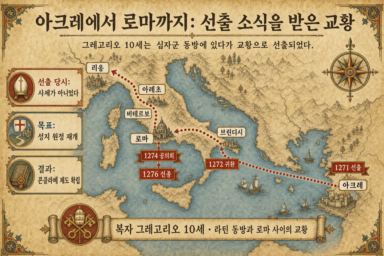 1271-1272년 생장다크르에서 브린디시, 비테르보, 로마까지 그레고리오 10세의 귀환 경로 지도