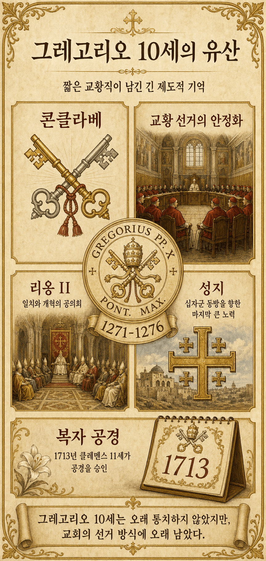 그레고리오 10세의 유산 시각적 요약: 콘클라베, 리옹 공의회, 십자군, 제국의 평화