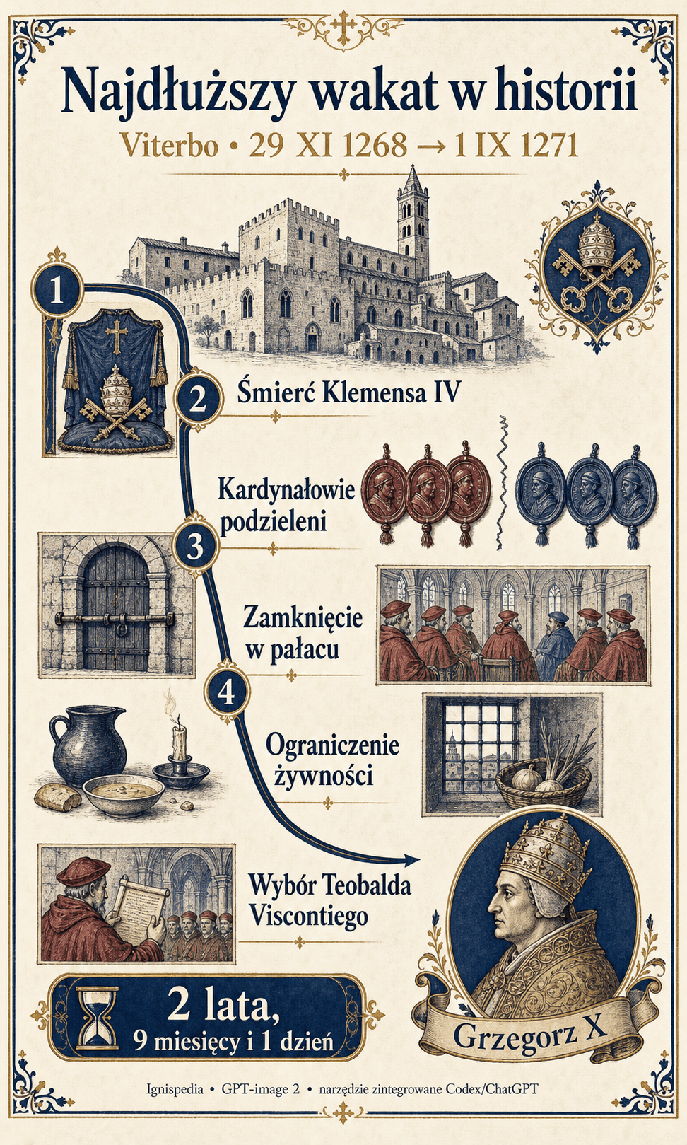 Oś czasu pontyfikatu Grzegorza X, od wakancji w Viterbo w 1268 do soboru w Lyonie w 1274