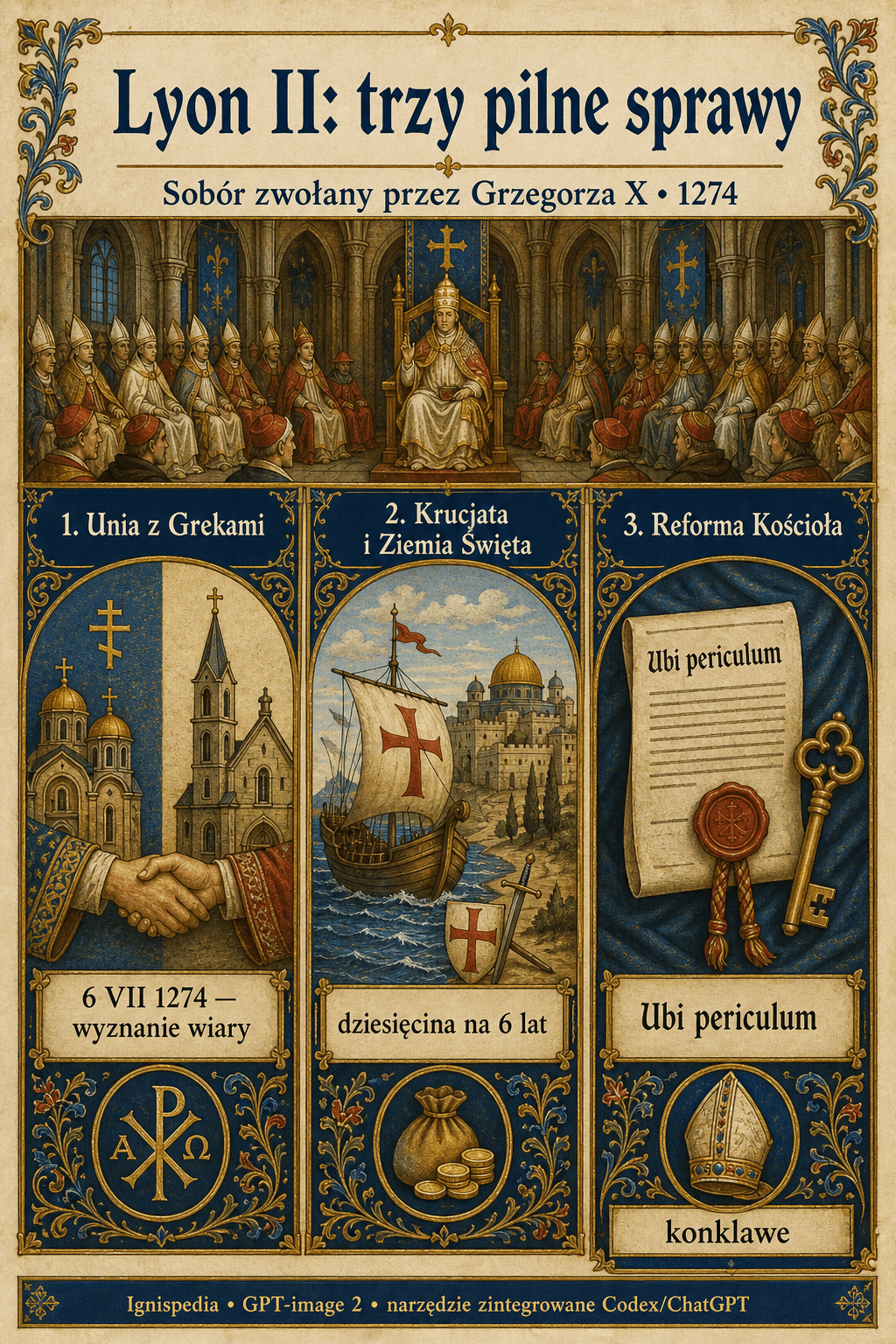Infografika trzech pilnych zadań soboru w Lyonie II za pontyfikatu Grzegorza X: unia z Grekami, krucjata i reforma
