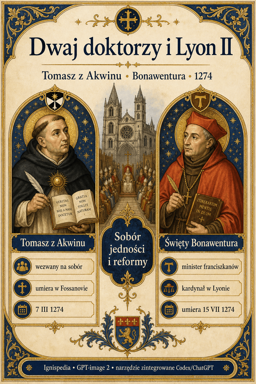Infografika o św. Tomaszu z Akwinu i św. Bonawenturze w kontekście soboru w Lyonie II w 1274 roku