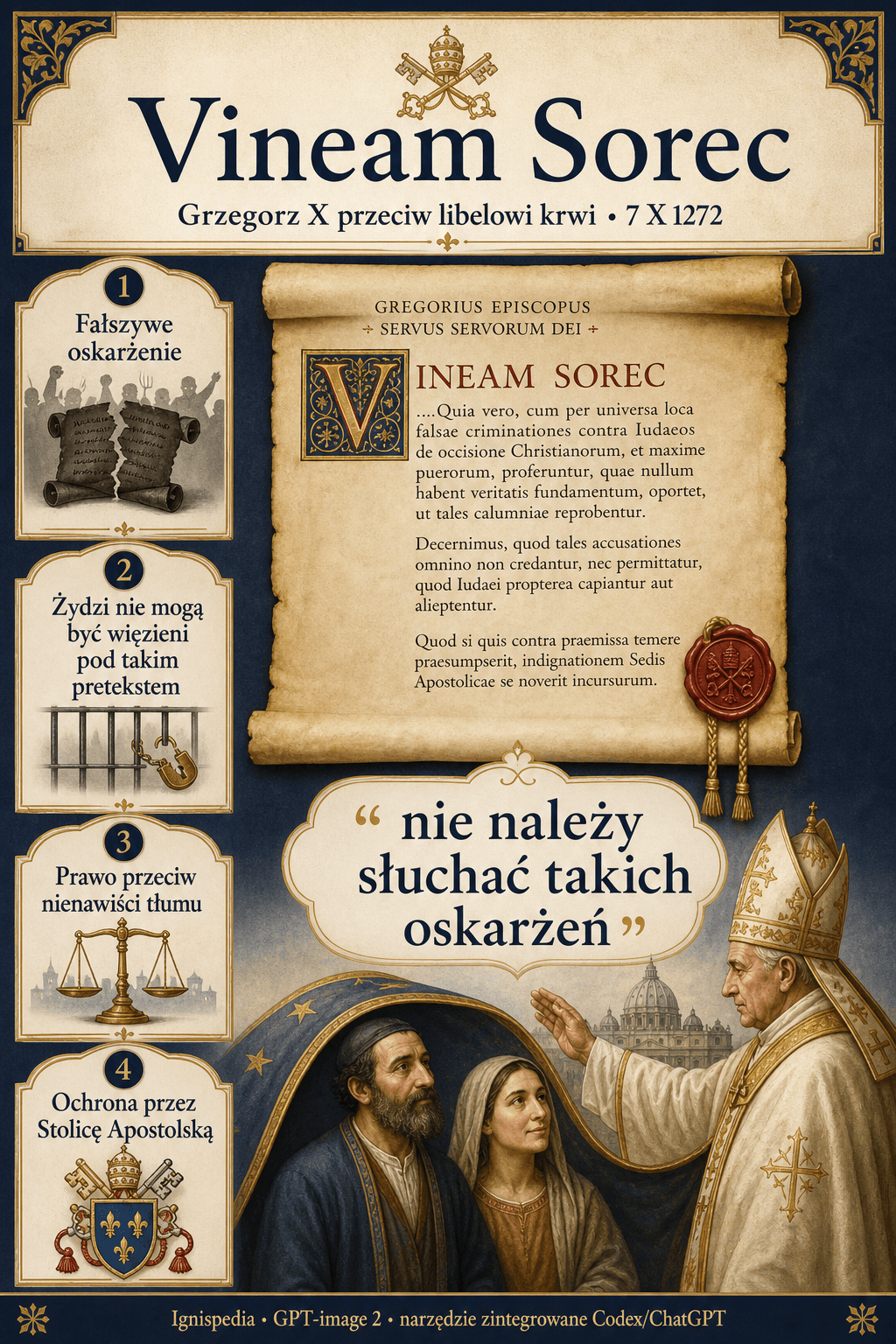 Infografika dotycząca listu Vineam Sorec Grzegorza X przeciwko libelowi krwi z 1272 roku