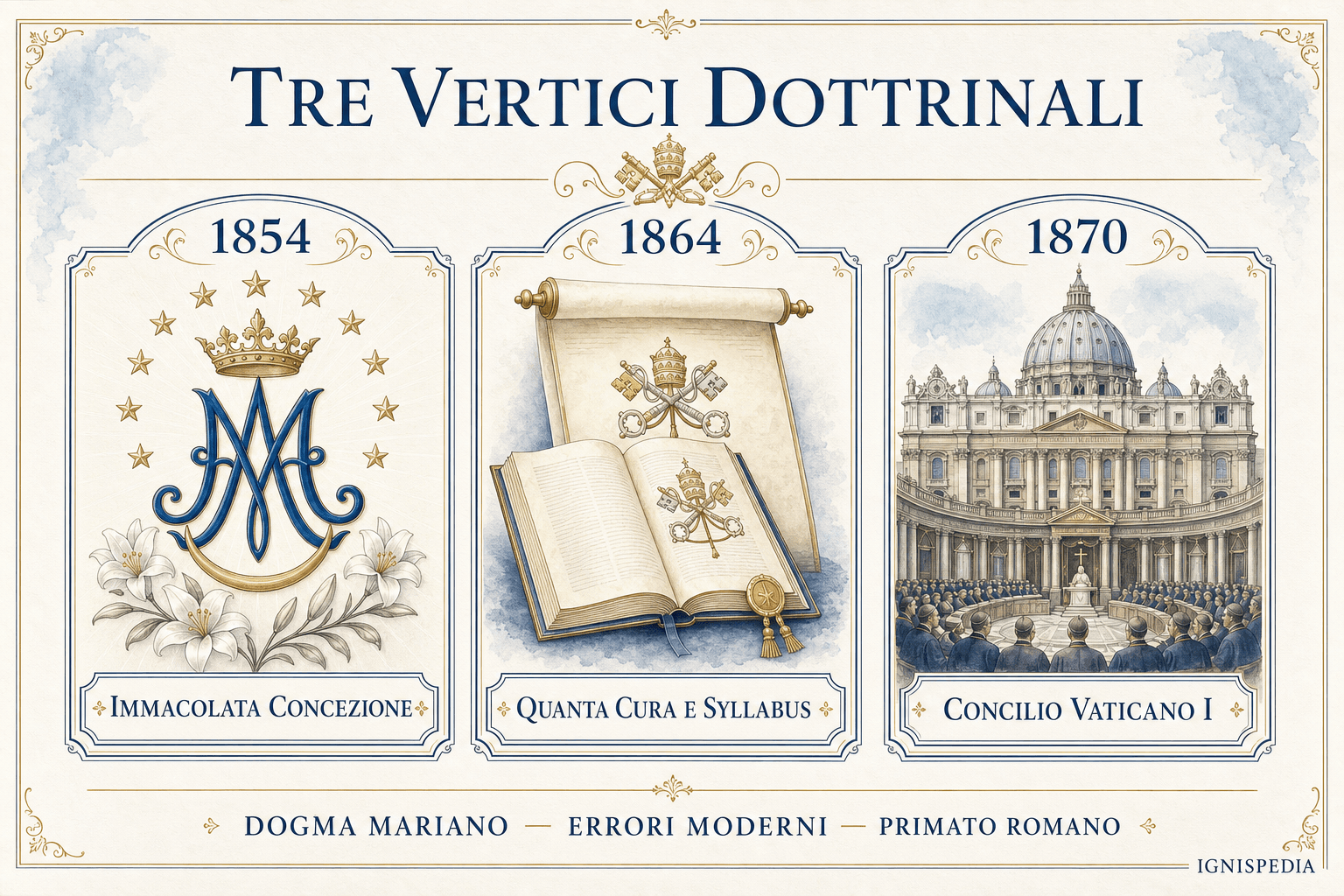 Infografica che confronta i tre grandi atti dottrinali di Pio IX: dogma dell'Immacolata Concezione (1854), enciclica Quanta cura e Sillabo (1864), costituzione Pastor æternus e infallibilità pontificia (1870).