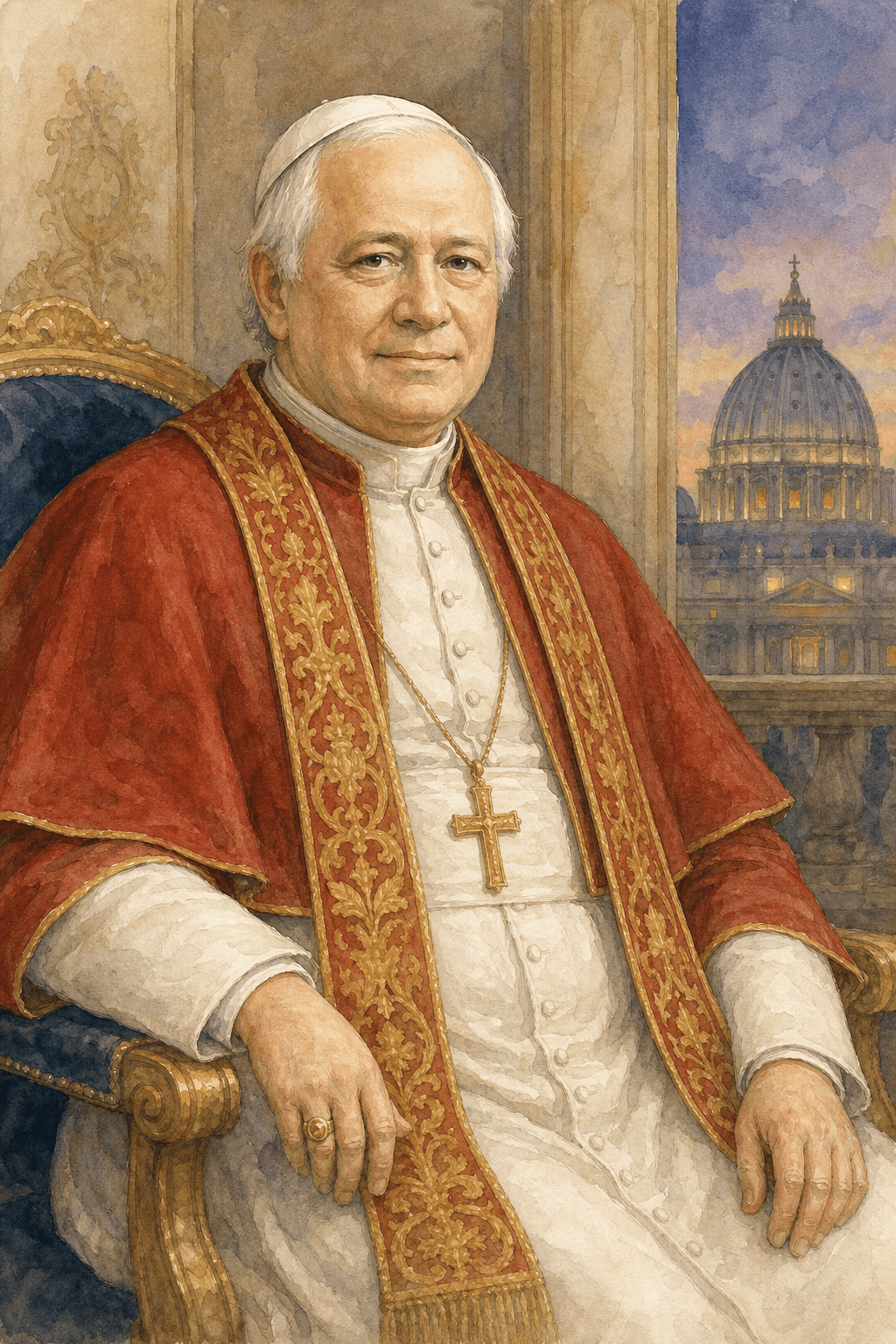 Aquarellporträt von Papst Pius IX. in Mozzetta und Stola, vor Rom und dem Vatikan in der Abenddämmerung der weltlichen Macht.