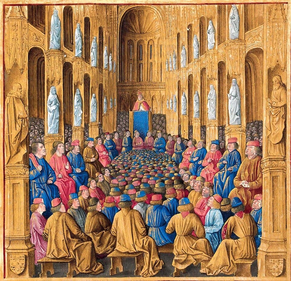 Blessed Urban II preaching the crusade at the Council of Clermont, miniature from the Passages d'Outre-mer (Jean Colombe, 15th century, BnF).
