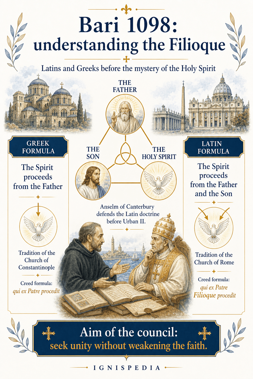 Ignispedia infographic comparing the Latin and Greek positions on the procession of the Holy Spirit (Filioque), debated at the Council of Bari in 1098.