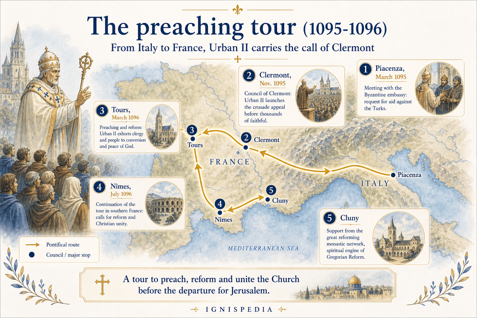 Ignispedia infographic map of Urban II's journey in France (1095-1096) to preach the crusade: Piacenza, Clermont, Tours, Nîmes, Cluniac stages.