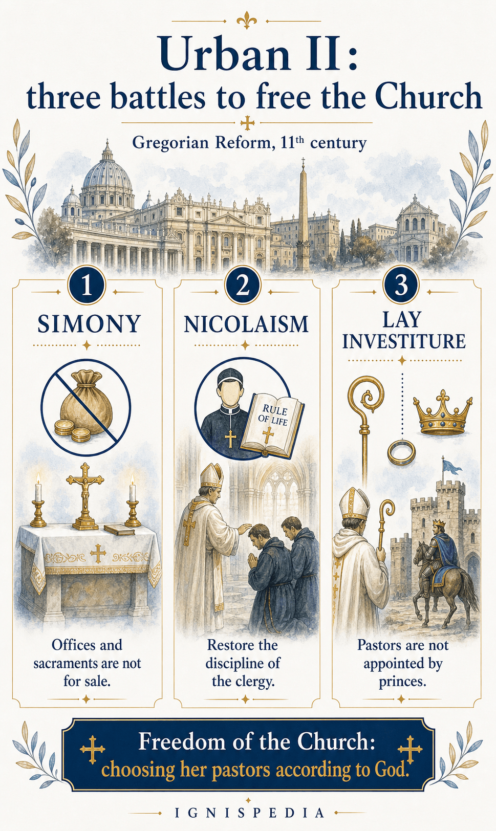 Ignispedia infographic: the three battles of the Gregorian reform led by Urban II—against simony, Nicolaitism, and lay investiture.