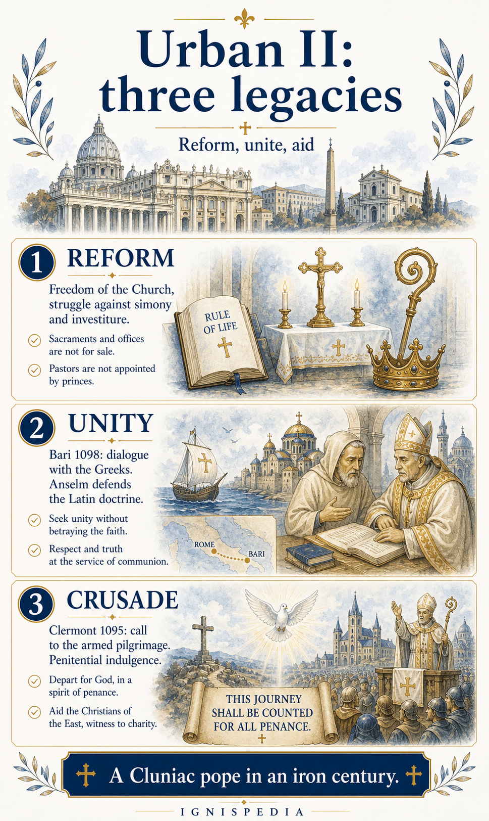 Ignispedia infographic summarizing the three legacies of Urban II: reform, unity, and penitential crusade.