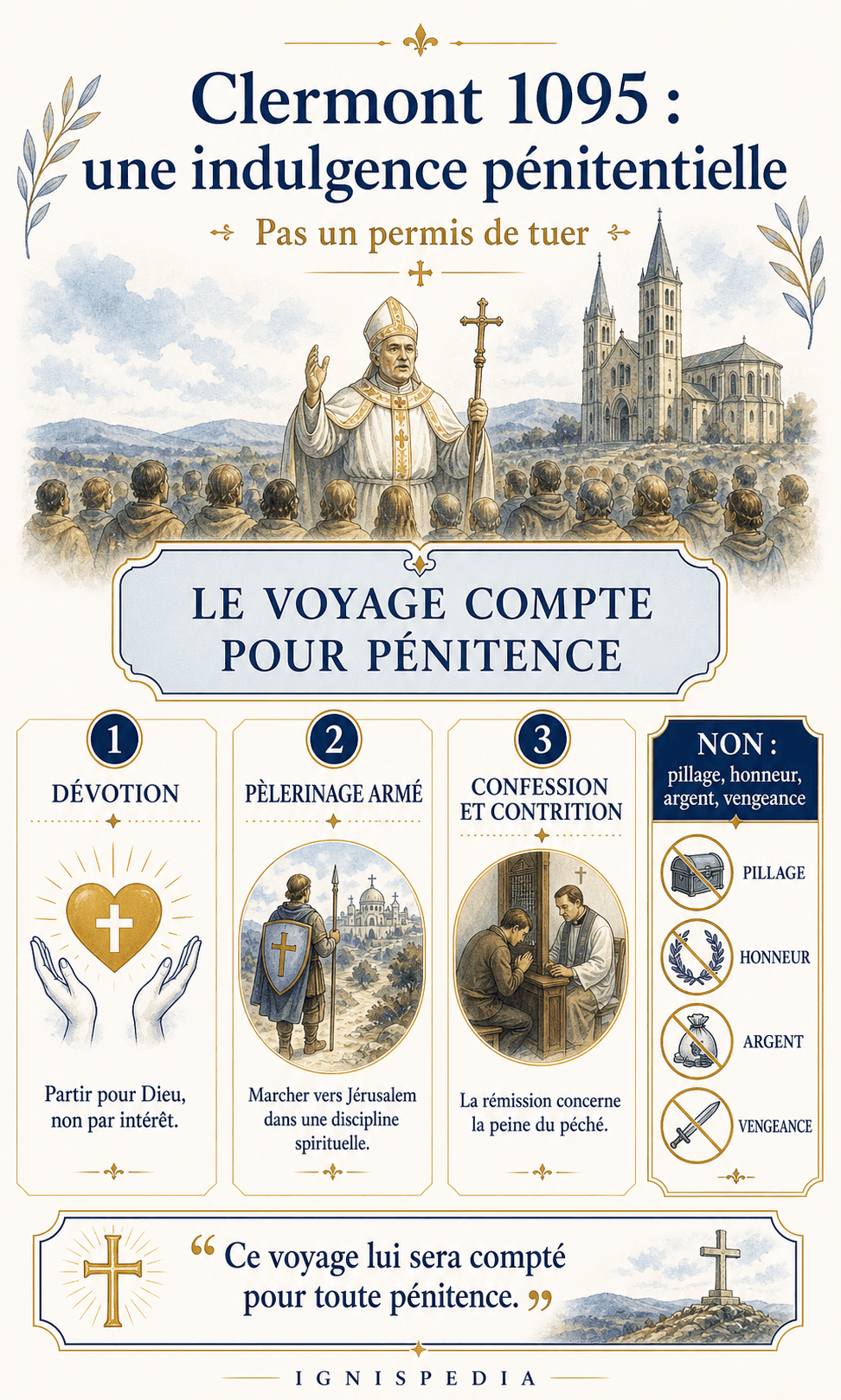 Infographie Ignispedia expliquant l'indulgence de Clermont en 1095 : dévotion, pèlerinage armé, confession et contrition, sans permis de tuer.
