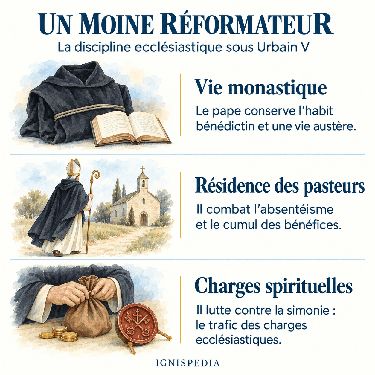 Les réformes d'Urbain V : vie monastique, résidence des pasteurs et lutte contre la simonie.
