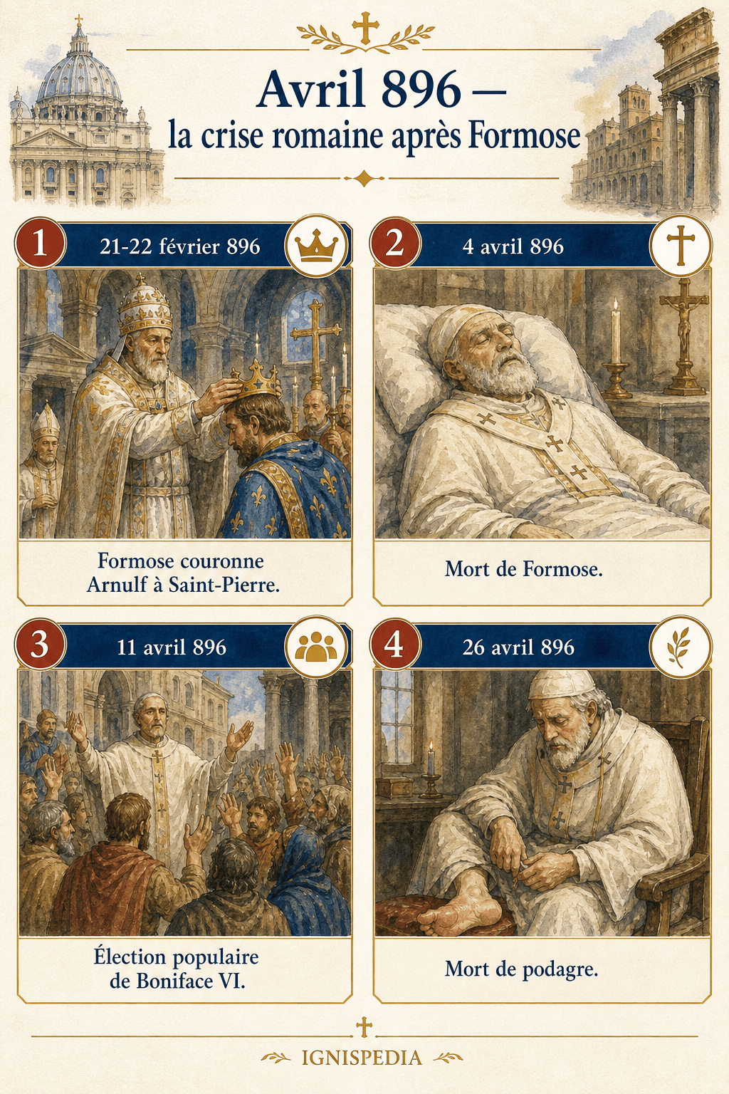 Infographie chronologique Avril 896, de Formose couronnant Arnulf à la mort de Boniface VI