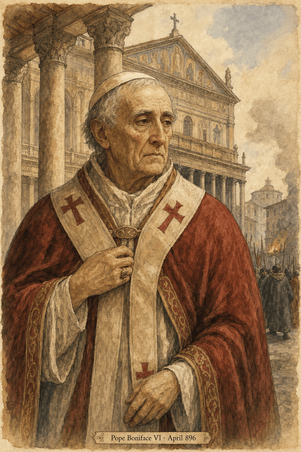 Watercolor illustration of Boniface VI before the old St. Peter's Basilica and the portico of the popes in April 896