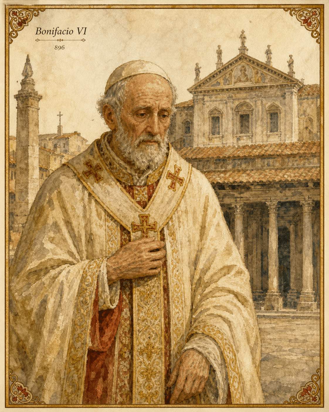 Ilustración en acuarela de Bonifacio VI frente a la antigua basílica de San Pedro y el pórtico de los papas en abril de 896